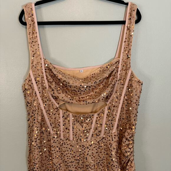 Womens Ball Gown Evening Dress 3X Plus Tan Sequins Party Cocktail Ruched Bodycon - Picture 3 of 12